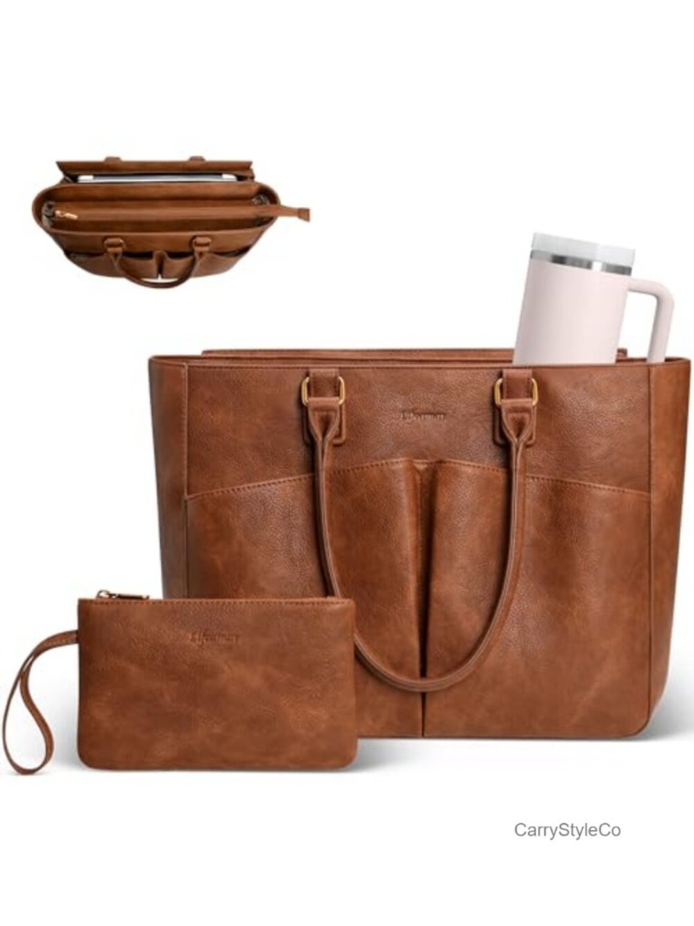 Pebbled PU Leather Laptop Tote Bag for Women 15.6in Work Briefcase